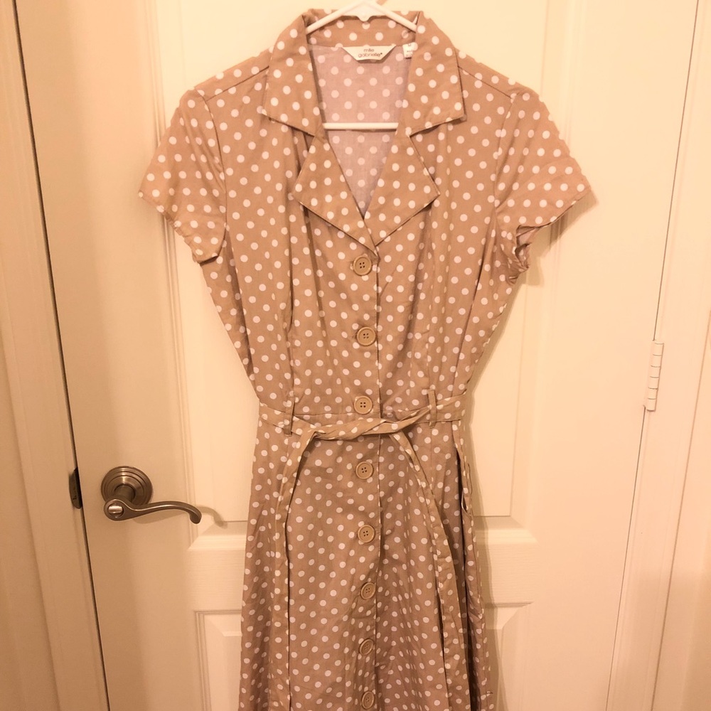 mlle Gabrielle tan and white polka dot dress.